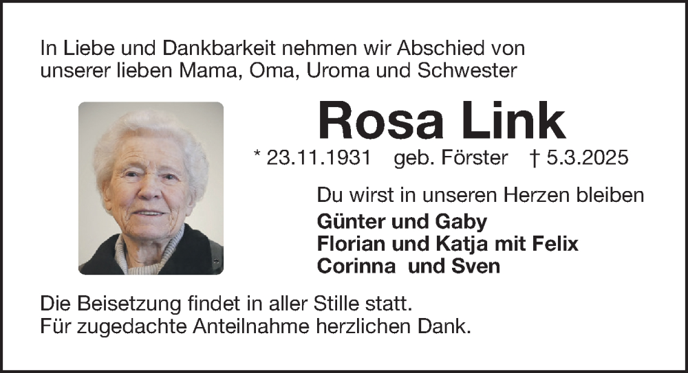  Traueranzeige für Rosa Link vom 15.03.2025 aus Fürther Nachrichten Lokal