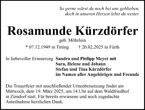 Traueranzeige von Rosamunde Kürzdörfer von Fürther Nachrichten Lokal