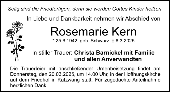 Traueranzeige von Rosemarie Kern von Gesamtausgabe Nürnberger Nachrichten/ Nürnberger Ztg.