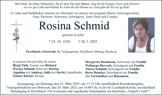 Traueranzeige von Rosina Schmid von Neumarkter Nachrichten Lokal