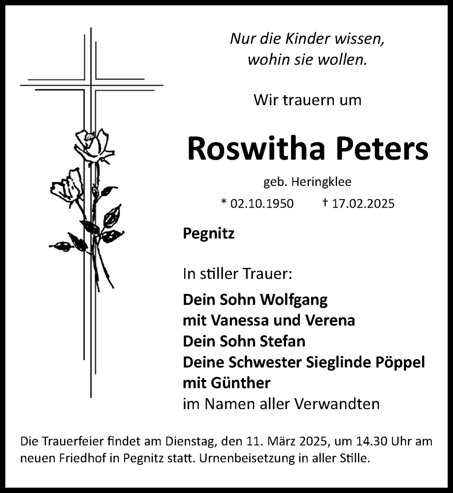 Traueranzeige für Roswitha Peters vom 08.03.2025 aus Nordbayerische Nachrichten Pegnitz Lokal