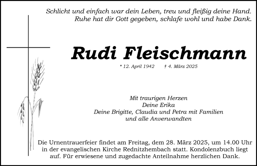  Traueranzeige für Rudi Fleischmann vom 22.03.2025 aus Schwabacher Tagblatt Lokal