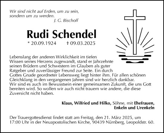 Traueranzeige von Rudi Schendel von Gesamtausgabe Nürnberger Nachrichten/ Nürnberger Ztg.
