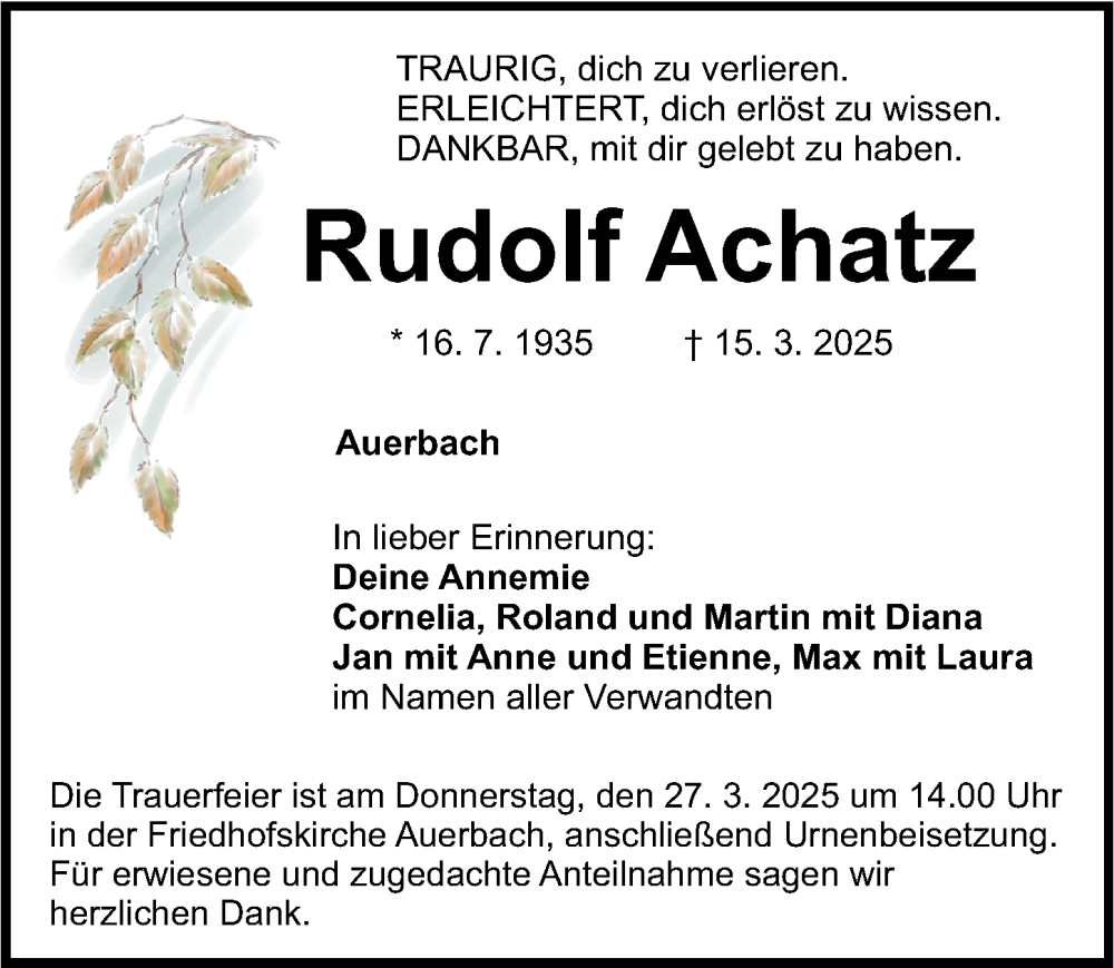  Traueranzeige für Rudolf Achatz vom 22.03.2025 aus Nordbayerische Nachrichten Pegnitz Lokal