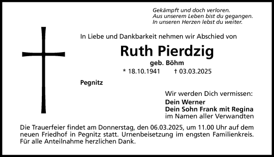 Traueranzeige von Ruth Pierdzig von Nordbayerische Nachrichten Pegnitz Lokal