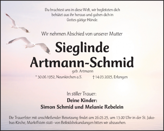 Traueranzeige von Sieglinde Artmann-Schmid von Erlanger Nachrichten Lokal
