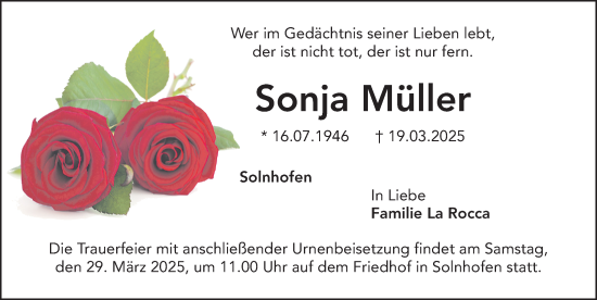 Traueranzeige von Sonja Müller von Gesamtausgabe Nürnberger Nachrichten/ Nürnberger Ztg.