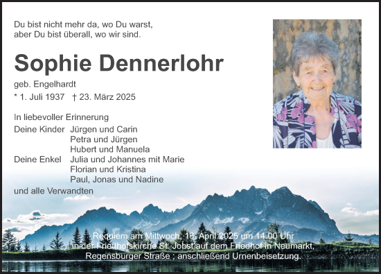 Traueranzeige von Sophie Dennerlohr von Neumarkter Nachrichten Lokal