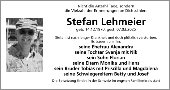 Traueranzeige von Stefan Lehmeier von Neumarkter Nachrichten Lokal