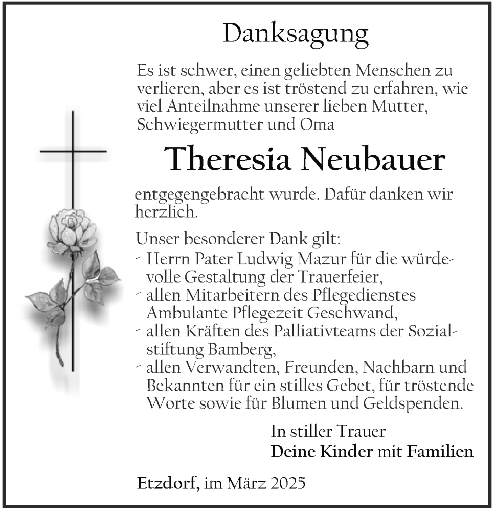  Traueranzeige für Theresia Neubauer vom 08.03.2025 aus Nordbayerische Nachrichten Forchheim Lokal