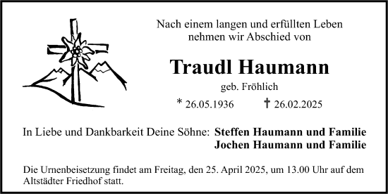 Traueranzeige von Traudl Haumann von Erlanger Nachrichten Lokal