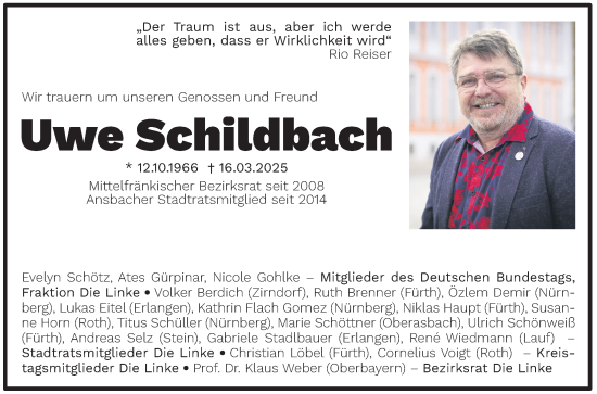 Traueranzeige von Uwe Schildbach von Gesamtausgabe Nürnberger Nachrichten/ Nürnberger Ztg.