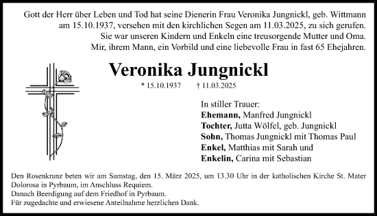 Traueranzeige von Veronika Jungnickl von Neumarkter Nachrichten Lokal