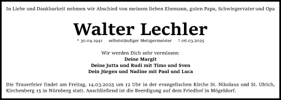 Traueranzeige von Walter Lechler von Gesamtausgabe Nürnberger Nachrichten/ Nürnberger Ztg.