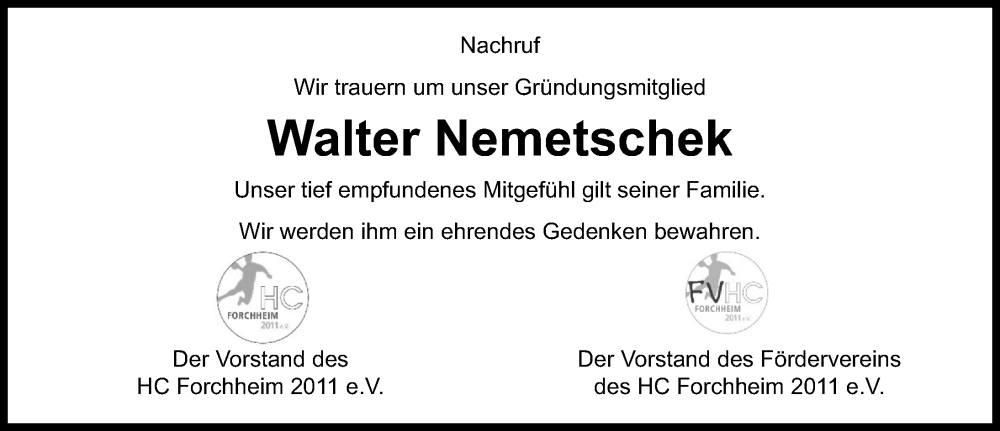  Traueranzeige für Walter Nemetschek vom 14.03.2025 aus Nordbayerische Nachrichten Forchheim Lokal