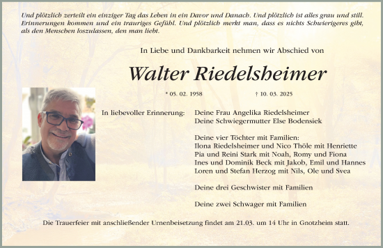 Traueranzeige von Walter Riedelsheimer von Altmühl-Bote Lokal
