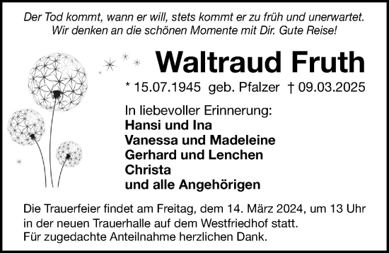 Traueranzeige von Waltraud Fruth von Gesamtausgabe Nürnberger Nachrichten/ Nürnberger Ztg.