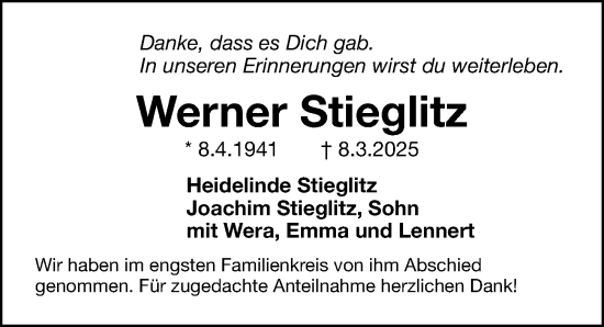 Traueranzeige von Werner Stieglitz von Fürther Nachrichten Lokal