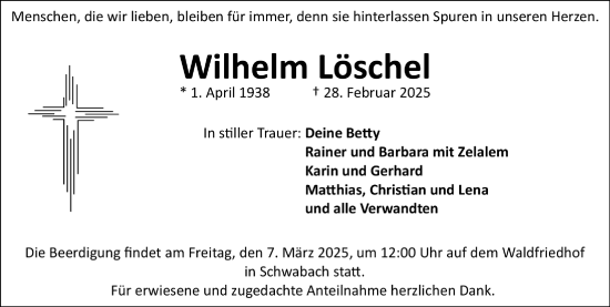 Traueranzeige von Wilhelm Löschel von Gesamtausgabe Nürnberger Nachrichten/ Nürnberger Ztg./ Schwabach