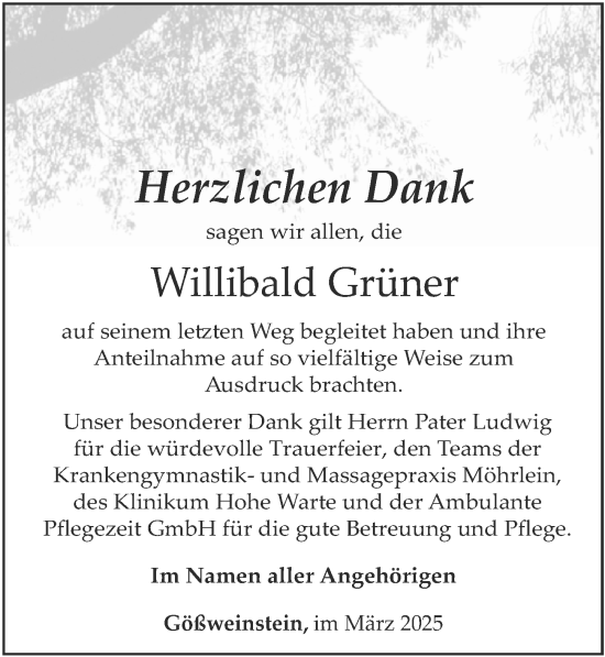 Traueranzeige von Willibald Grüner von Nordbayerische Nachrichten Forchheim Lokal