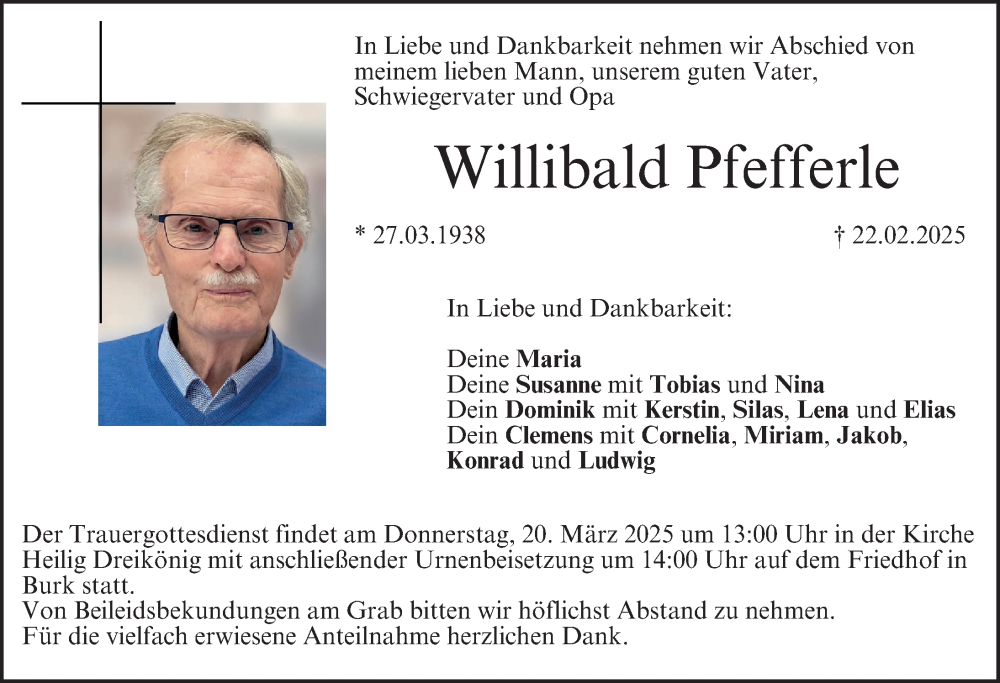  Traueranzeige für Willibald Pfefferle vom 15.03.2025 aus Nordbayerische Nachrichten Forchheim Lokal