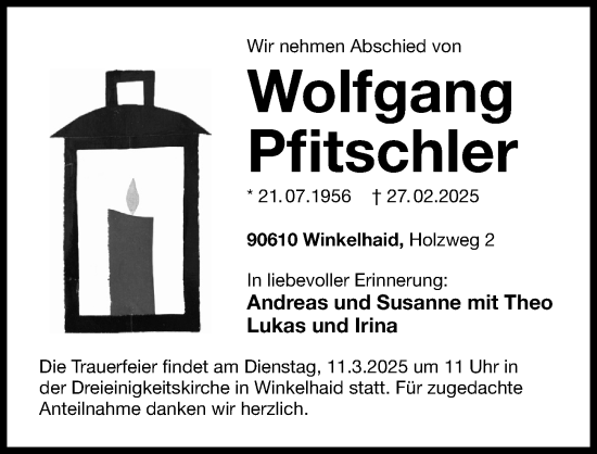 Traueranzeige von Wolfgang Pfitschler von Gesamtausgabe Nürnberger Nachrichten/ Nürnberger Ztg.