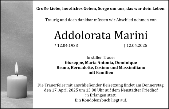 Traueranzeige von Addolorata Marini von Erlanger Nachrichten Lokal