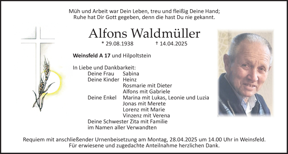  Traueranzeige für Alfons Waldmüller vom 24.04.2025 aus Roth-Hilpoltsteiner Volkszeitung Lokal