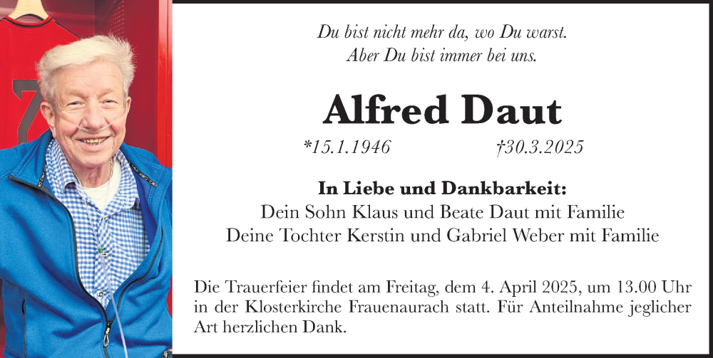  Traueranzeige für Alfred Daut vom 02.04.2025 aus Erlanger Nachrichten Lokal