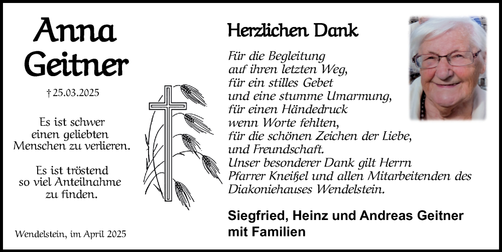  Traueranzeige für Anna Geitner vom 19.04.2025 aus Schwabacher Tagblatt Lokal
