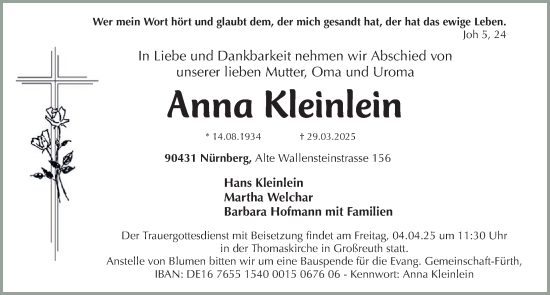 Traueranzeige von Anna Kleinlein von Gesamtausgabe Nürnberger Nachrichten/ Nürnberger Ztg.