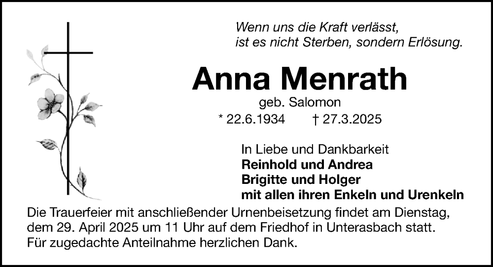  Traueranzeige für Anna Menrath vom 26.04.2025 aus Fürther Nachrichten Lokal