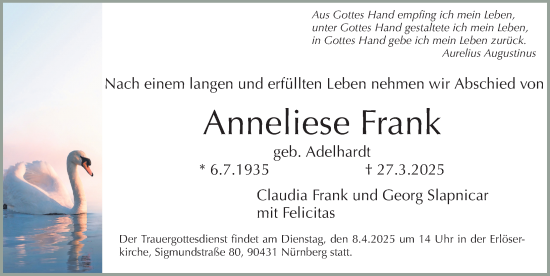 Traueranzeige von Anneliese Frank von Gesamtausgabe Nürnberger Nachrichten/ Nürnberger Ztg.