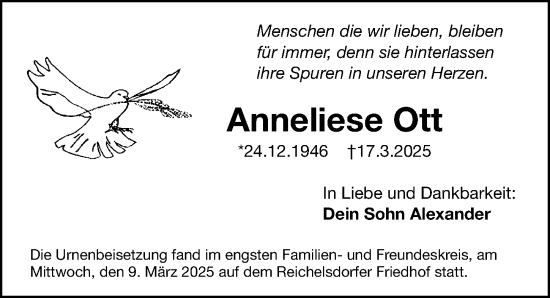 Traueranzeige von Anneliese Ott von Gesamtausgabe Nürnberger Nachrichten/ Nürnberger Ztg.
