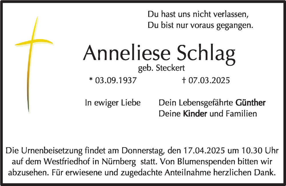  Traueranzeige für Anneliese Schlag vom 12.04.2025 aus Gesamtausgabe Nürnberger Nachrichten/ Nürnberger Ztg.
