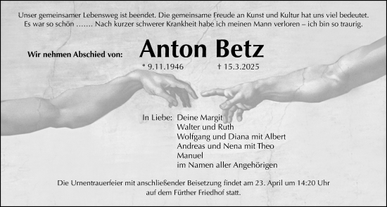 Traueranzeige von Anton Betz von Fürther Nachrichten/ Gesamtausgabe Nürnberger Nachrichten/ Nürnberger Ztg.