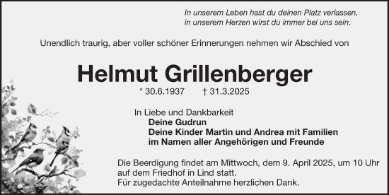 Traueranzeige von Helmut Grillenberger von Fürther Nachrichten Lokal
