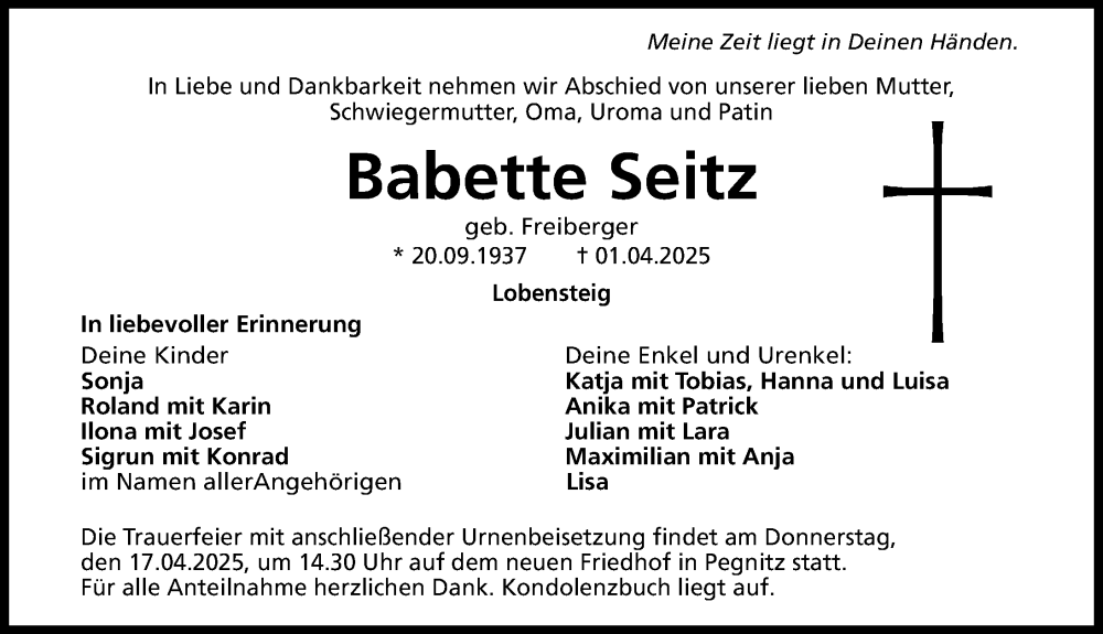  Traueranzeige für Babette Seitz vom 12.04.2025 aus Nordbayerische Nachrichten Pegnitz Lokal