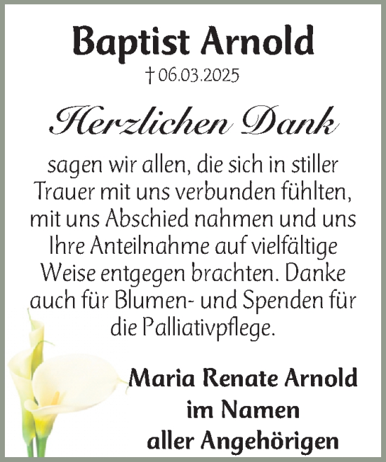 Traueranzeige von Baptist Arnold von Nordbayer. Nachrichten Forchheim/ Nordbayer. Nachrichten Pegnitz