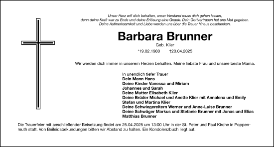 Traueranzeige von Barbara Brunner von Gesamtausgabe Nürnberger Nachrichten/ Nürnberger Ztg./ Fürther Nachrichten