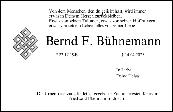 Traueranzeige von Bernd Bühnemann von Nordbayerische Nachrichten Forchheim Lokal