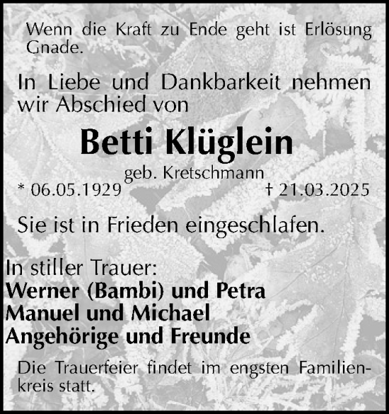 Traueranzeige von Betti Klüglein von Gesamtausgabe Nürnberger Nachrichten/ Nürnberger Ztg.