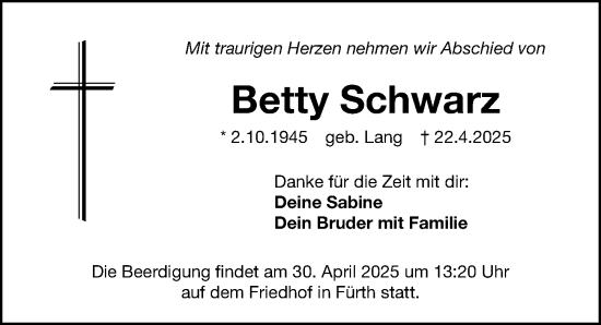 Traueranzeige von Betty Schwarz von Fürther Nachrichten Lokal