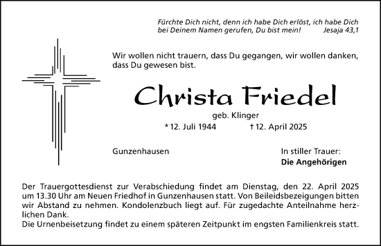 Traueranzeige von Christa Friedel von Altmühl-Bote Lokal