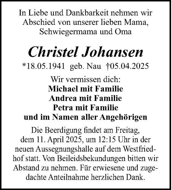 Traueranzeige von Christel Johansen von Gesamtausgabe Nürnberger Nachrichten/ Nürnberger Ztg.