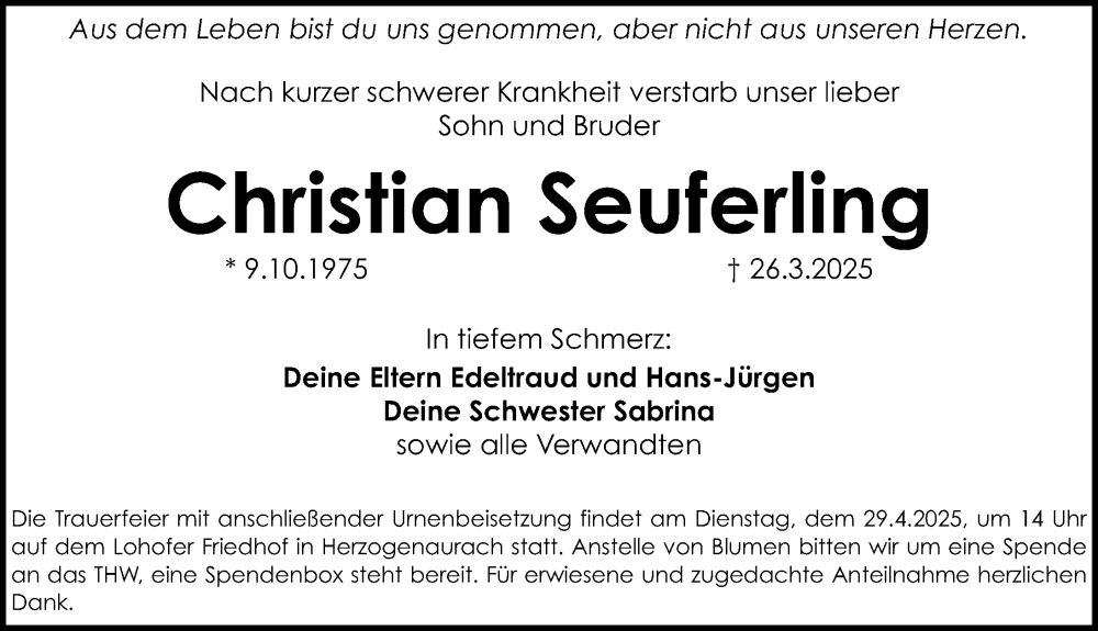  Traueranzeige für Christian Seuferling vom 26.04.2025 aus Erlanger Nachrichten Lokal