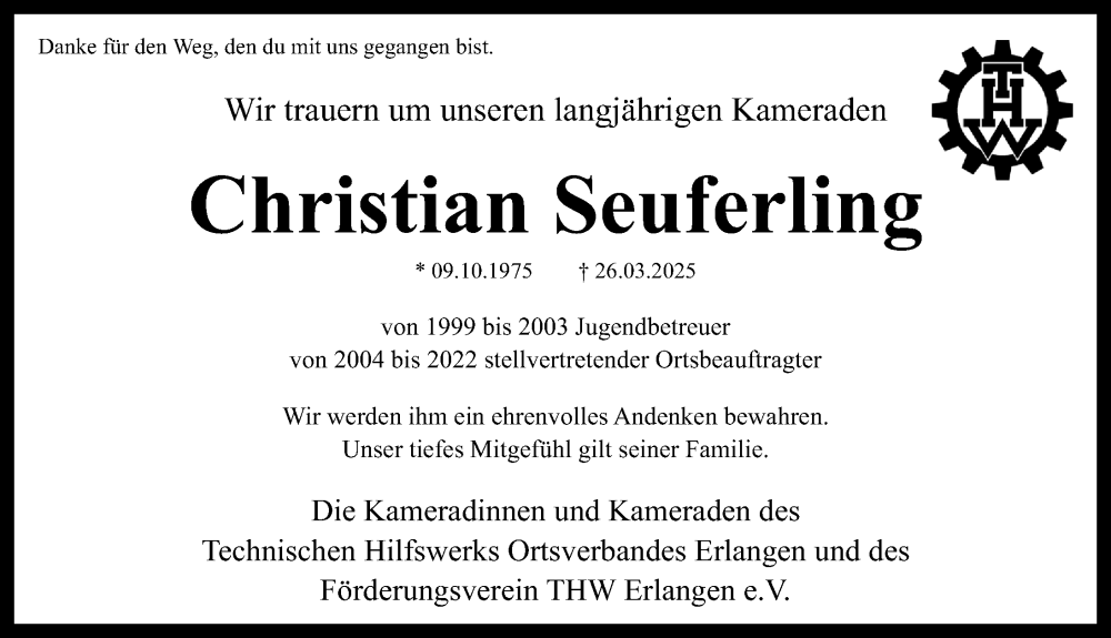  Traueranzeige für Christian Seuferling vom 26.04.2025 aus Erlanger Nachrichten Lokal