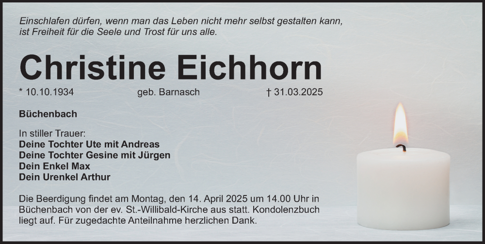  Traueranzeige für Christine Eichhorn vom 12.04.2025 aus Roth-Hilpoltsteiner Volkszeitung Lokal