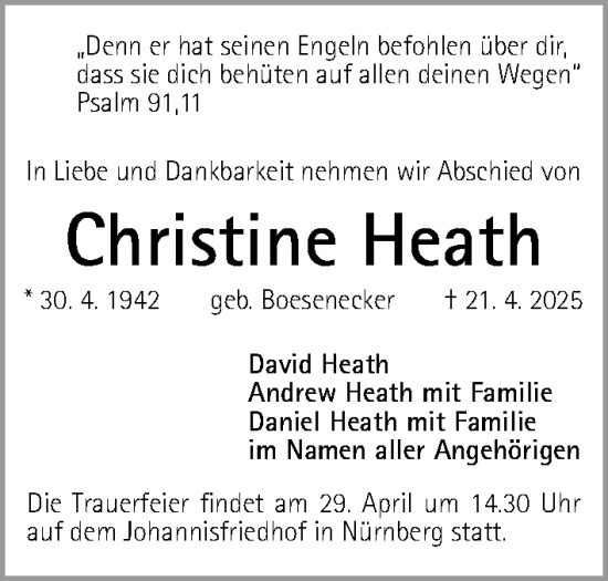 Traueranzeige von Christine Heath von Gesamtausgabe Nürnberger Nachrichten/ Nürnberger Ztg.