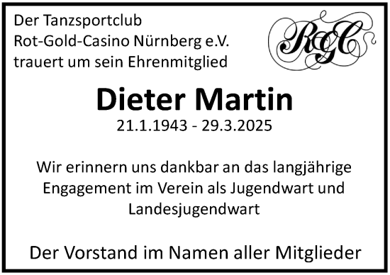 Traueranzeige von Dieter Martin von Gesamtausgabe Nürnberger Nachrichten/ Nürnberger Ztg.